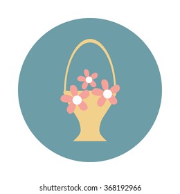 Flowers Basket.Flat icon button.Vector icon isolated,modern flat style.Vector Circle button.Simple design.Vector flat icon.Wedding Flowers Logo template.Celebration gift symbol.Spring,summer sign