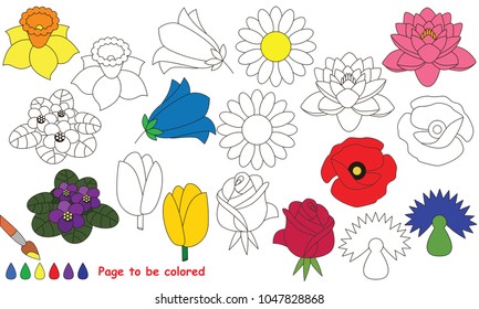 Flowers to be colored, the coloring book for preschool kids with easy educational gaming level.