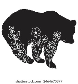 Flowers Bear Vector design. Bear Floral silhouette set. Bear with wildflowers. Vector floral bear, Floral Lover, eps file