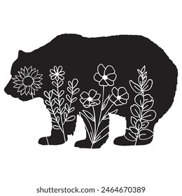 Flowers Bear Vector design. Bear Floral silhouette set. Bear with wildflowers. Vector floral bear, Floral Lover, eps file