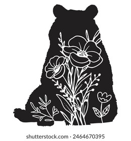 Flowers Bear Vector design. Bear Floral silhouette set. Bear with wildflowers. Vector floral bear, Floral Lover, eps file