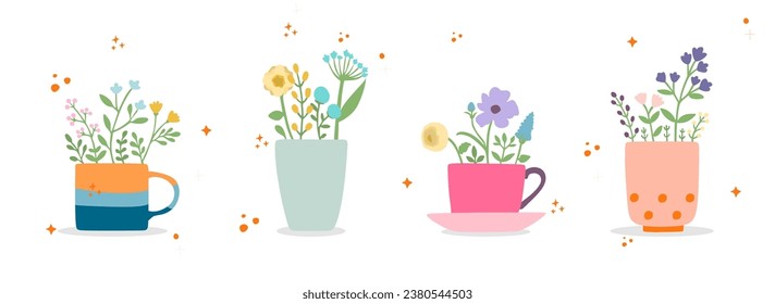 Flowers in a beautiful cup, flat design vector illustration. Flower bouquet background, great design for any purpose. Elegant art. Vector illustration white background. Nature abstract composition.