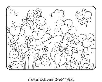 Flowers, bee and butterfly coloring page illustration