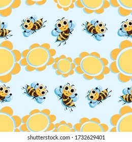 Flowers. Bee meadow. Swarm bees fly among the flowers. Background, seamless pattern with cute cartoon characters.