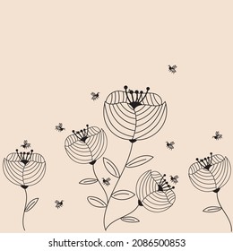 Flores y vector de abejas para diseño exótico moderno para papel, cubierta, tela, decoración interior sobre fondo oscuro