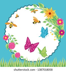 flowers with bees and butterflies in frame circular