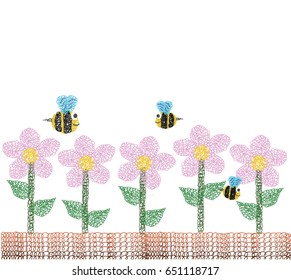 Flowers and bees in the garden, Line style