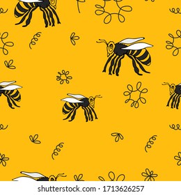 Flowers, bees and honey on white background. Doodle style vector
Nature organic design Ecological wild pattern Botanical print textile design Green vector illustration Endless cute ornament.