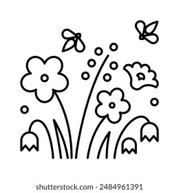 Flowers and bees, line icon. Pollen collection by bees. Honey production, beekeeping, apiculture concept. Linear illustration, editable strokes, minimalist symbol