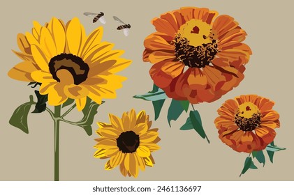 Flowers with bees on brown background