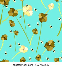 
flowers and bees on a turquoise background endless pattern