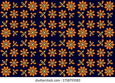 flowers and bees pattern, seamless floral pattern with flying bees, yellow orange flowers on blue background, textile pattern, vintage, retro style, 