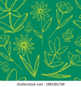 flowers and bees seamless pattern vector