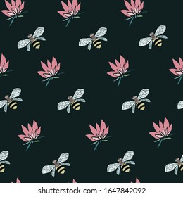 Flowers and bees vector illustration. Seamless pattern dark blue background.