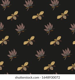 Flowers and bees vector illustration. Seamless pattern dark, black background.