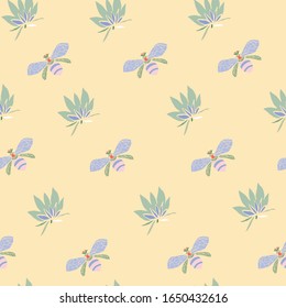 Flowers and bees vector illustration. Seamless pattern light yellow background.