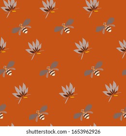 Flowers and bees vector illustration. Seamless pattern orange tangerine background.