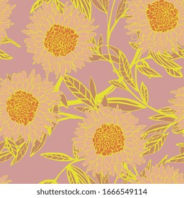 Flowers of beige yellow chrysanthemums and gerberas with leaves and petals on a pink background. Seamless pattern. Vector illustration with hand drawn plants.