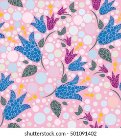 Flowers bells formed by circles in purple, blue, yellow, green, pink and gold a seamless pattern on a pink background.