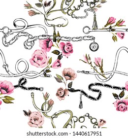 Flowers and belts. Fashion seamless pattern design. Baroque fabric design. Vintage floral sketch on white background. Flowers on belts, nature and art.