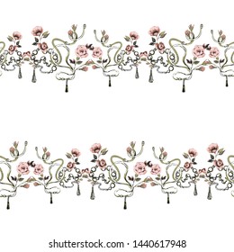 Flowers and belts horizontal border. Fashion seamless pattern design. Baroque fabric design. Vintage floral sketch on white background. Flowers on belts, nature and art.