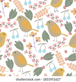 flowers, berries and birds seamless pattern vector design