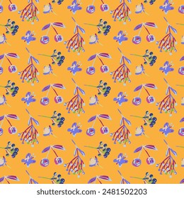 flowers, berries and butterfly seamless vector pattern, yellow background, watercolor style, botanical all over print