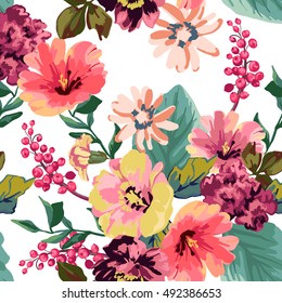 Flowers and berries on a black background. Seamless pattern.