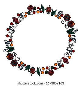 Flowers and berries in russian ethnic style round frame.