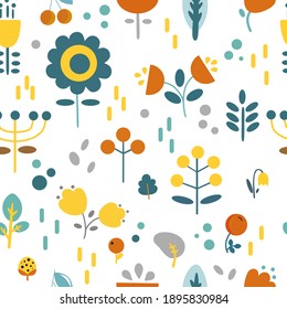 Flowers and berries.Vector seamless pattern on a white background. Children's illustration in a funny cartoon style.
 Background is ideal for children's clothing, textiles, wallpaper.