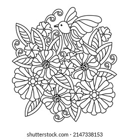 Flowers and bird for adult coloring book page. Floral pattern, hand drawn vector illustration