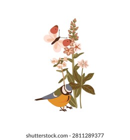 flowers, bird and butterfly, vector drawing wild plants and blue tit at white background, hand drawn botanical illustration
