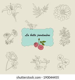  Flowers and bird. Hand drawn isolated icons.