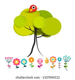 Flowers with Bird on Tree Vector