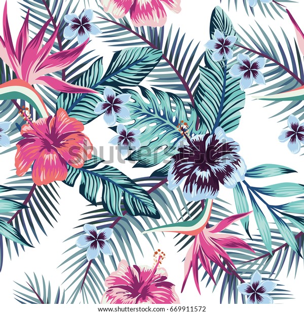ジャングルの楽園鳥 ハイビスカス プルメリア ヤシの葉の抽象的な色の花 白い背景にシームレスなベクター画像のビーチ壁紙パターン のベクター画像素材 ロイヤリティフリー