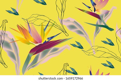 Flowers of bird of paradise, Strelitzia royal with leaves and petals on a yellow lemon background seamless pattern. Vector illustration with tropical plants.