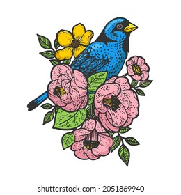 flowers and bird tattoo ornament color sketch engraving vector illustration. T-shirt apparel print design. Scratch board imitation. Black and white hand drawn image.
