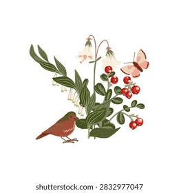 flowers and bird, vector drawing wild plants, berries, chaffinch and butterfly at white background, hand drawn botanical illustration