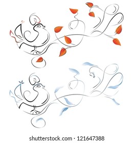 Flowers and bird. Vector illustration