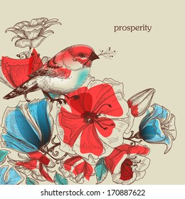 Flowers and bird vector illustration, greeting card, prosperity symbol