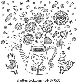 Flowers and bird.Coloring.