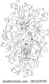 Flowers, birds and cell, vector black and white  artistic composition