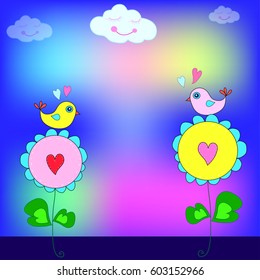 Flowers and birds with colorful background