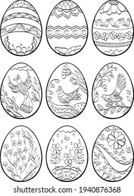 Flowers and birds Easter eggs coloring for kids, line art floral ornament