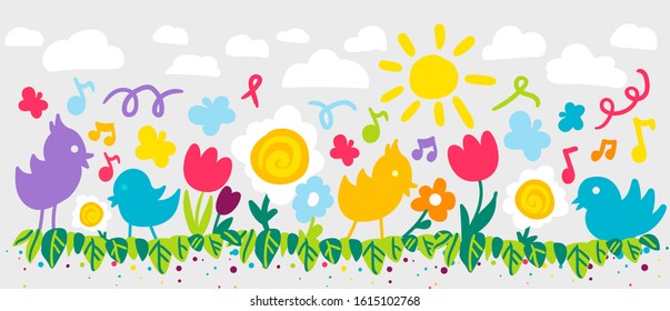 Flowers and birds flat vector illustration. Little chickens outdoor. Countryside, spring background