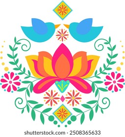 Flowers and birds folk mexican style vector decoration. Use for banner, poster, invitation, greeting card, textile design