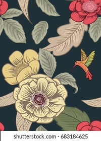 Flowers and birds of hummingbirds. Colibri. Seamless pattern. Vector floral print. Fashion design.