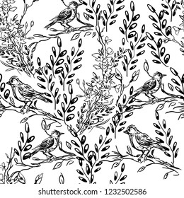Flowers, birds, leaves in spring. Vector illustration. Vintage postcard with blooming flowers. Elegant and cute illustration. Printing for textile and industrial purposes. 