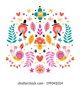 flowers, birds, mushroom & snails characters nature vector illustration