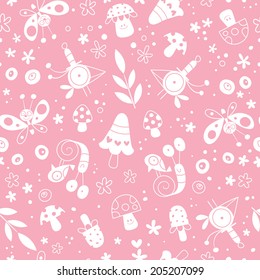 flowers, birds, mushrooms, butterflies, snails nature pastel pattern